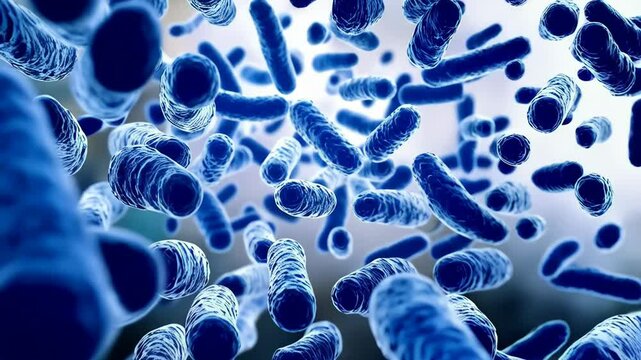 Colony of blue rod-shaped bacteria or microorganisms floating in a fluid environment for medical or scientific research.