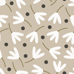 Neutral floral seamless pattern. Flowery vector surface design of minimalist flowers and polka dots