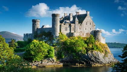 isle castle with lush green trees