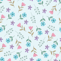 Pastel flowers seamless pattern. Floral vector surface design of Scandinavian pink and blue flowers and leaves