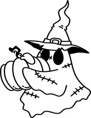 Hand drawn halloween groovy ghost with pumpkin outline doodle illustration