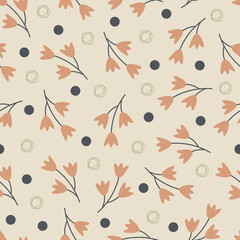 Pastel pink flowers seamless pattern. Floral vector surface design of whimsical flowers, polka dots and spirals