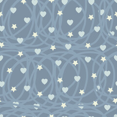 Romantic valentine day vector seamless pattern of monochromatic heart shapes, stars and spirals