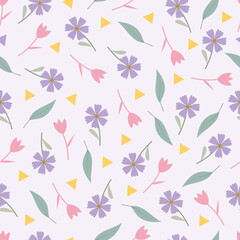 Pink purple pastel flowers seamless pattern. Floral vector surface design of Scandinavian flowers and leaves