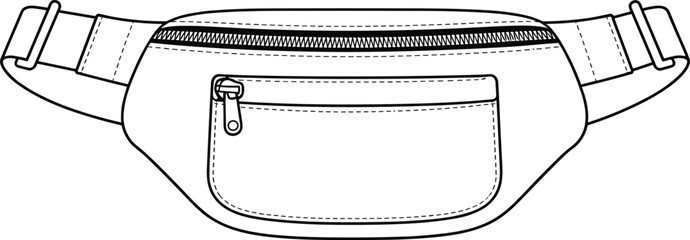 Technical product illustration of a belt bag with two flap pouches and luggage tag detail, black-and-white fashion sketch.