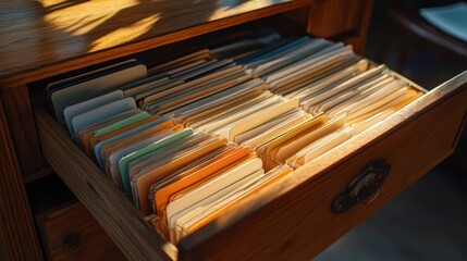A wooden drawer filled with organized file folders under warm natural light, showcasing an orderly filing system.