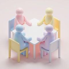 Conceptual meeting featuring abstract pastel people around a square table, illustrating collaboration and business discussions.