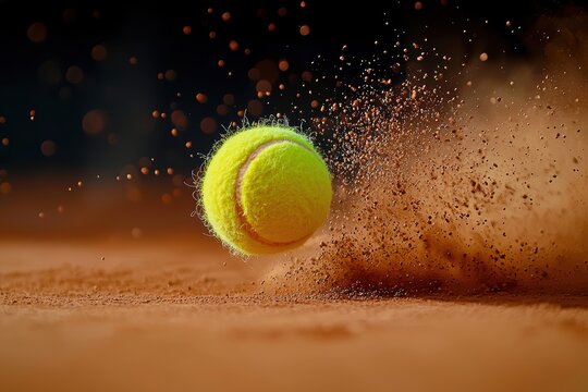 Close-up of a Tennis Ball Hitting the Ground with Dust and Particles Flying in a Dynamic Sports Scene on Clay Court