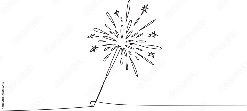 Poster continuous line drawing of a vertical sparkler firework with starburst and star shapes in modern bla