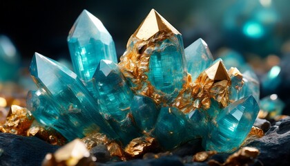 teal and gold crystals on dark ground close up for science or fantasy backgrounds