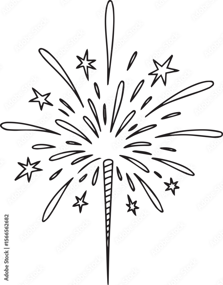 Poster continuous line drawing of a vertical sparkler firework with starburst and star shapes in modern bla