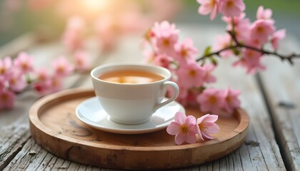 Spring Blossoms and Teacup on Wooden Tray  3