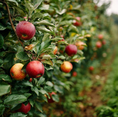 photo of a row of apple trees on a trellis, Mature apple orchards