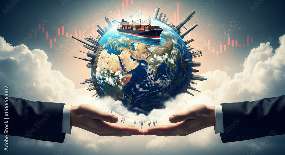Aufkleber hands holding globe with factories and a ship amidst clouds and a stock market graph in the backgrou