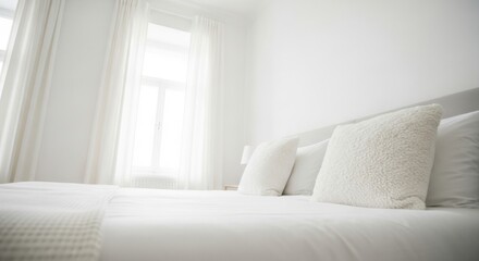Fototapeta premium Bedroom Interior with White Bedding and Soft Light From Window