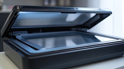 A modern flatbed scanner with its lid open, ready for scanning documents or photos, placed on a smooth surface with soft natural lighting.