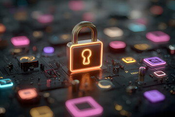 Padlock symbolizing security and protection with colorful geometric shapes and icons representing privacy and safety concepts in a modern digital landscape