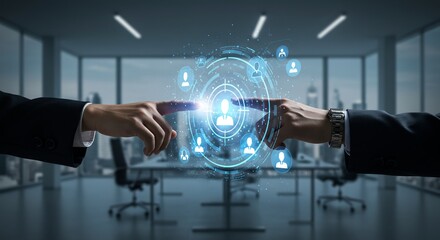 Digital Networking: Two Hands Touching a Glowing Interface in Modern Office