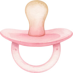 Watercolor illustration of a pink baby pacifier with a light peach colored nipple and ring handle on transparent background.