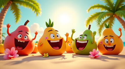 A 3D illustration of cute anthropomorphic fruits smiling and playing together on a sunny tropical beach with palm trees.