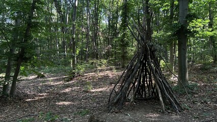 Small hut in the forest made of branches and sticks. © Aqua Art