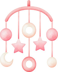 Watercolor baby mobile with moons, stars, and circles in pastel pink and cream colors hanging down on a transparent background.