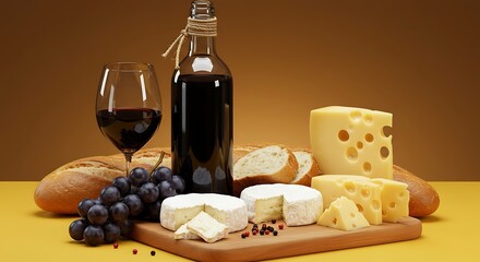 Gourmet cheese selection with red wine baguette and grapes on a wooden board