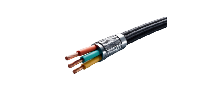 Close-up of Multi-Conductor Cable with Shielded Braiding and Color-Coded Wires