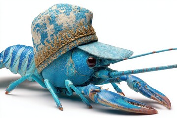 A lobster donning a charming blue hat with golden accents