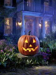 Obraz premium A Glowing Pumpkin Stands Guard in a Mystical Nighttime Entrance