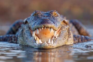 A crocodile's open mouth reveals its powerful teeth in a serene water setting