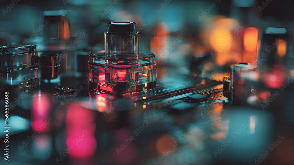Poster close up of illuminated electronic circuit board with colorful bokeh effect