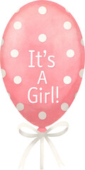 A pink balloon with polka dots and a white ribbon saying it's a girl celebration decoration on transparent background.