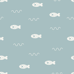 Vector marine background. Hand-drawn cartoon fish and waves on blue background. Seamless pattern with fish design element for fabric, scarves, cards, scrapbooks, wrapping paper, and textiles.