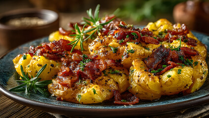 Roasted smashed potatoes topped with crispy bacon