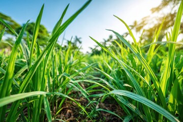 Obraz premium A Close-Up of Vibrant Green Grass Under a Clear Blue Sky
