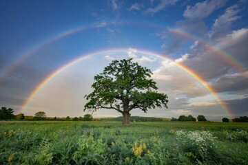 A photograph of a solitary, ancient oak tree standing proudly in a lush green meadow