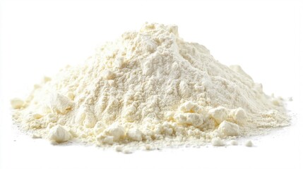 A pile of pure white flour, soft and powdery, with natural clumps and fine grains visible.  isolated on white background