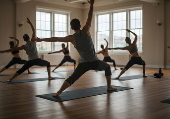 Back View of Group Practicing Yoga in Sunlit Studio with Depth of Field