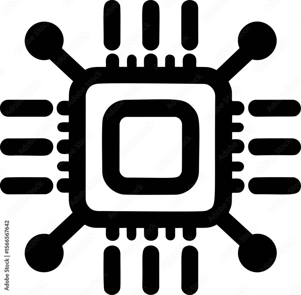 Poster Black and white microchip icon with circuit lines in minimalist style