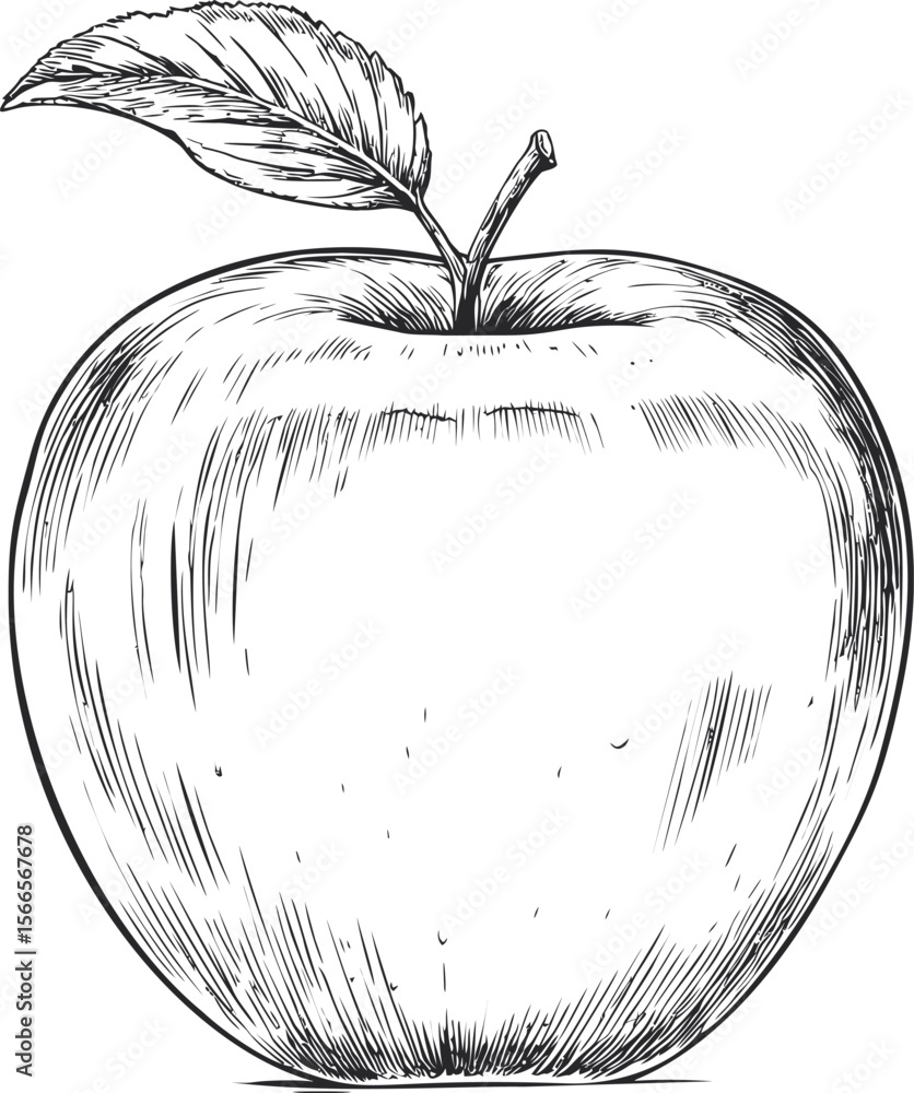 Poster detailed black and white sketch of an apple with a single leaf