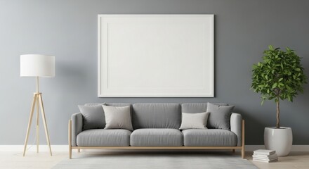 Living Room Interior with Sofa, Lamp, and Blank Frame