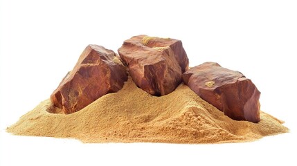 A pile of rich, golden desert sand with three rugged, reddish-brown sandstone rocks partially buried. isolated on white background
