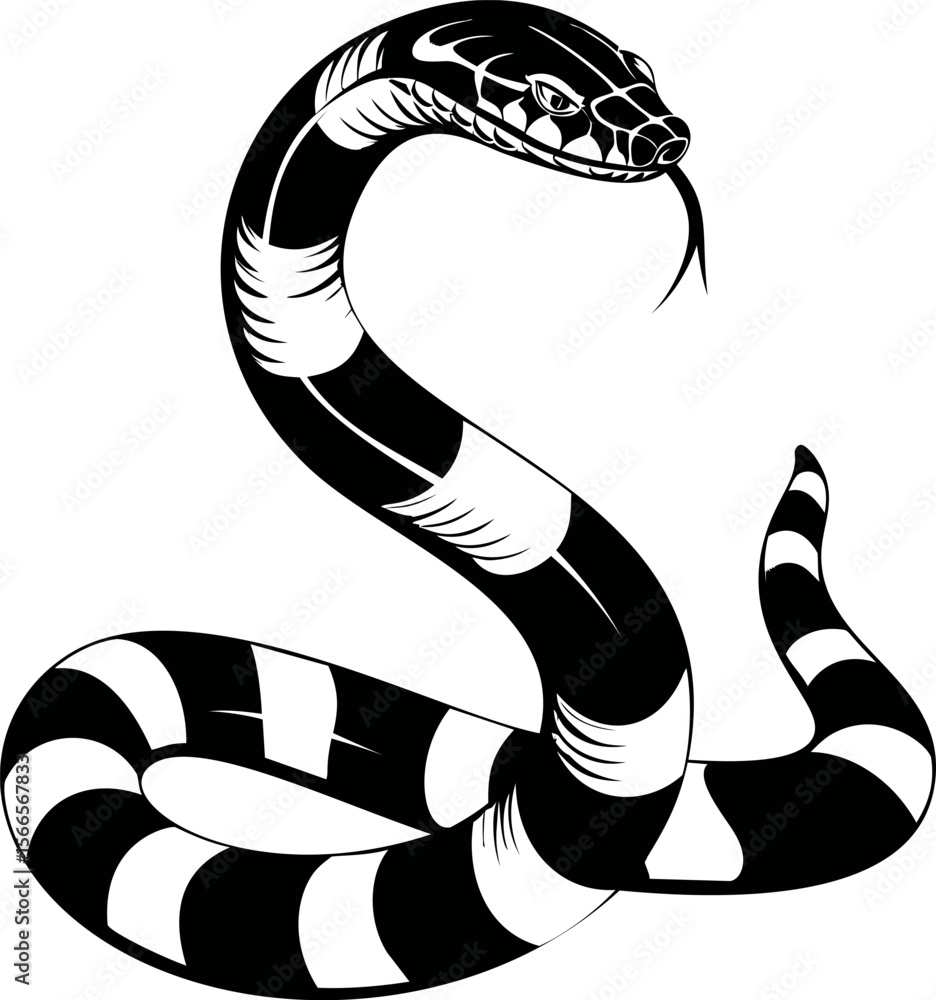 Poster black and white illustration of a coiled snake with a striking pattern