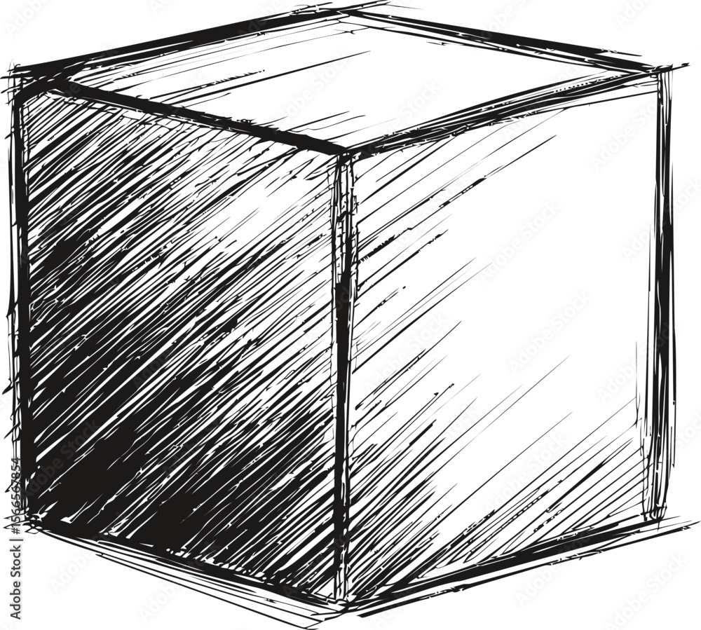 Poster sketch of a cube with rough lines and shading effect, monochrome style