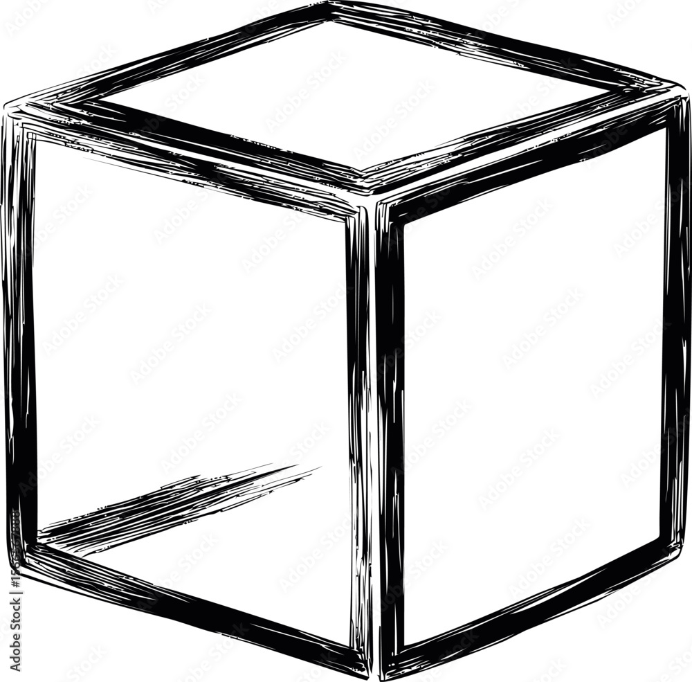 Poster sketch of a black and white cube with rough brush strokes on a plain background
