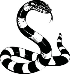 Black and white illustration of a coiled snake with a striking pattern