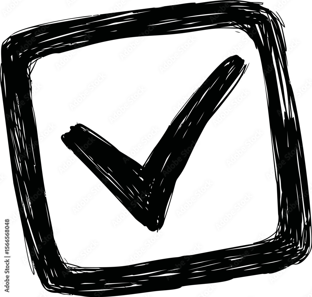 Poster bold black check mark inside a square with sketchy lines, symbol of approval