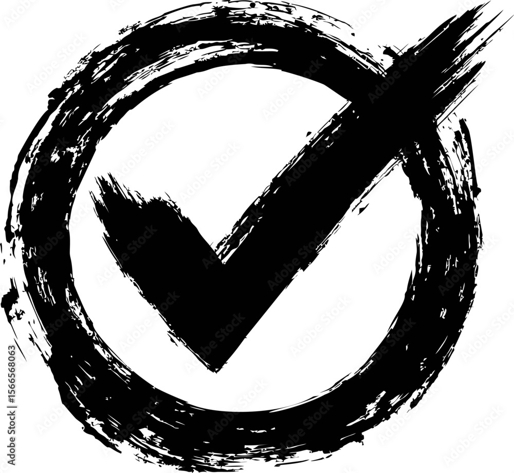 Poster black brush stroke check mark within circular frame, symbol of confirmation