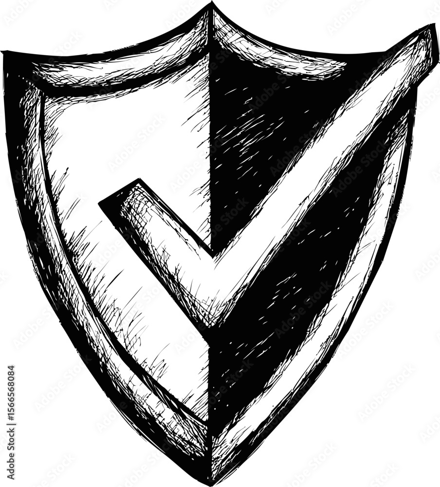 Poster Black and white sketch of a shield with a checkmark symbol for security concept